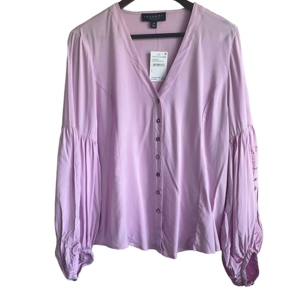 Laundry Women Top L Pale Purple 3/4 Laser Cut Puff Sleeve Button Up Softgirl NEW